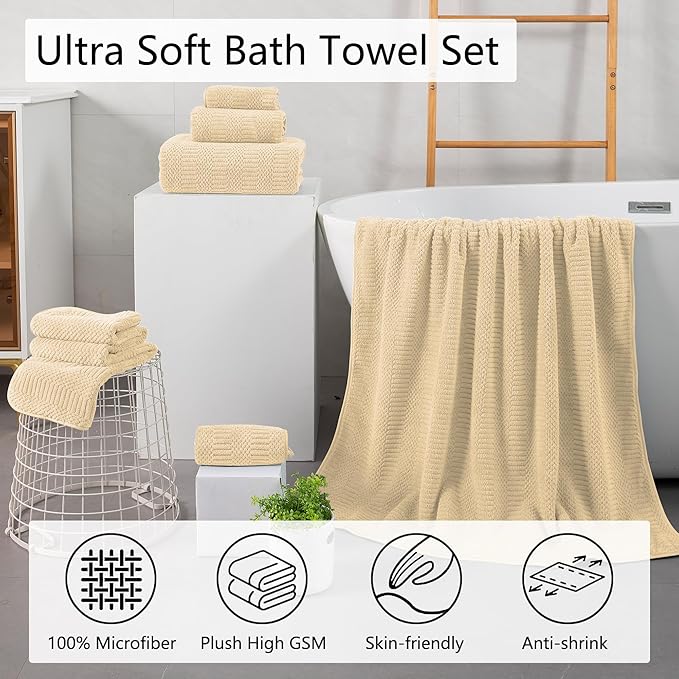 Oliven 8 Pcs Beige Yellow Oversized Bath Towel Set-2 Extra Large Bath Sheets,2 Hand Towels,4 Washcloths-600GSM Soft Highly Absorbent Quick Dry Beach Chair Towels