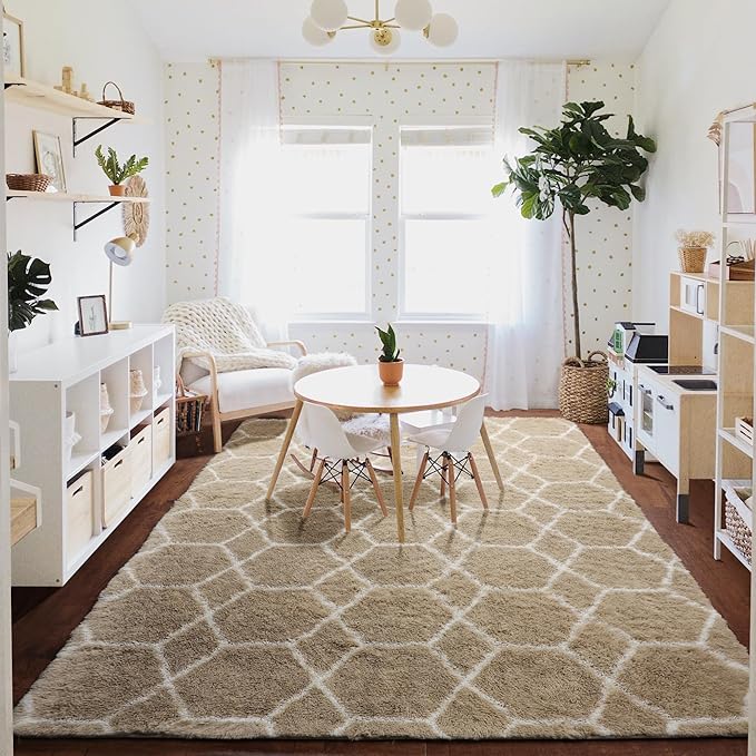 ONASAR 7x9 Area Rugs for Living Room Bedroom, Large Fluffy Beige and White Throw Rug, Geometric Soft Plush Shaggy Indoor Floor Carpet for Nursery Kids Girls Boys Teen Dorm Home Decor Aesthetic