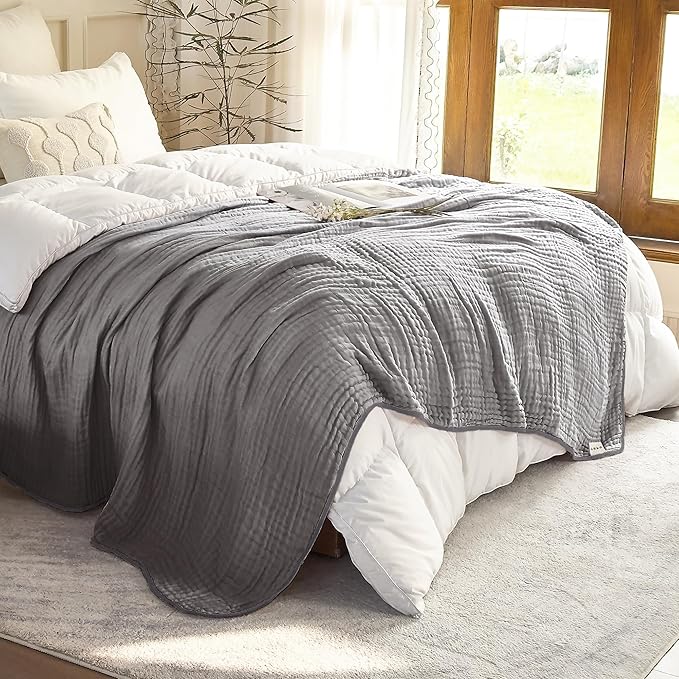 SANACYNA Muslin Blankets 100% Cotton 6-Layer Gauze Solid Gray Cooling Throw Blanket Lightweight Soft and Breathable Blanket for Sofa Bed Coverlet Both Sides (Grey, Throw 50"x60")
