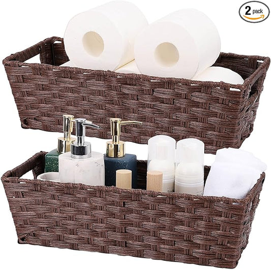 Plastic Wicker Storage Baskets - Toilet Tank & Bathroom Baskets, Woven for Organizing, Brown, 15¾" x 6¾" x 4¾", 2-Pack