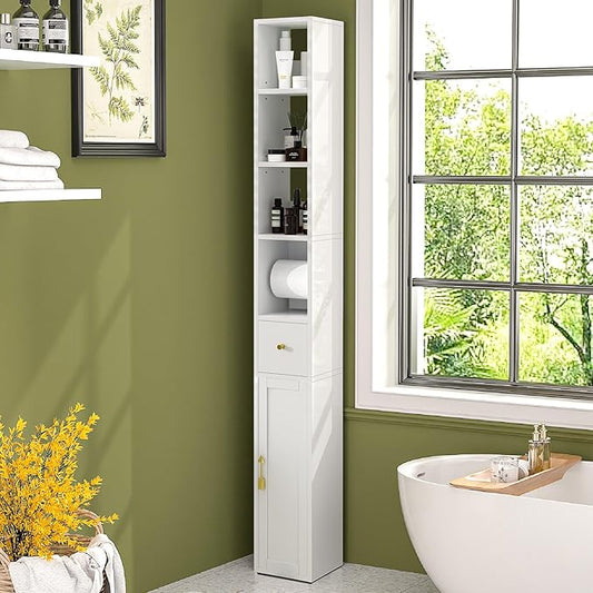 VECELO Tall Narrow Storage Cabinet with 3 Adjustable Shelves, Slim Freestanding Bathroom Cabinet with Toilet Paper Holder, Magnetic Door & Drawer, for Small Spaces, 7.9" D x 7.9" W x 67" H, White