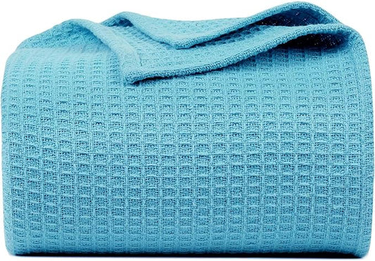 Bed & Bath Home Premium 100% Cotton Waffle Weave Blanket Queen Size – Soft Breathable Lightweight Comfort, Natural All-Season Bed Blanket, Easy-Care Bedspread for Bed & Couch (Blue)