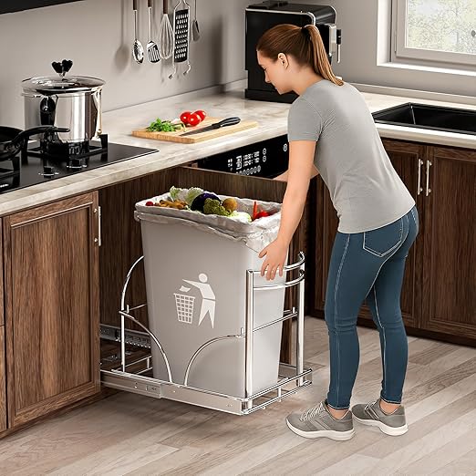 ANASTA Dual Pull Out Trash Can Under Cabinet Rack, No Can Included, Under Sink Trash Can Pull Out Holds Double 7-9 Gal/2 * 35 Qt Recycle Bin Garbage Can Combo, Inside Cabinet Size ≥16''W 22" D 17''H