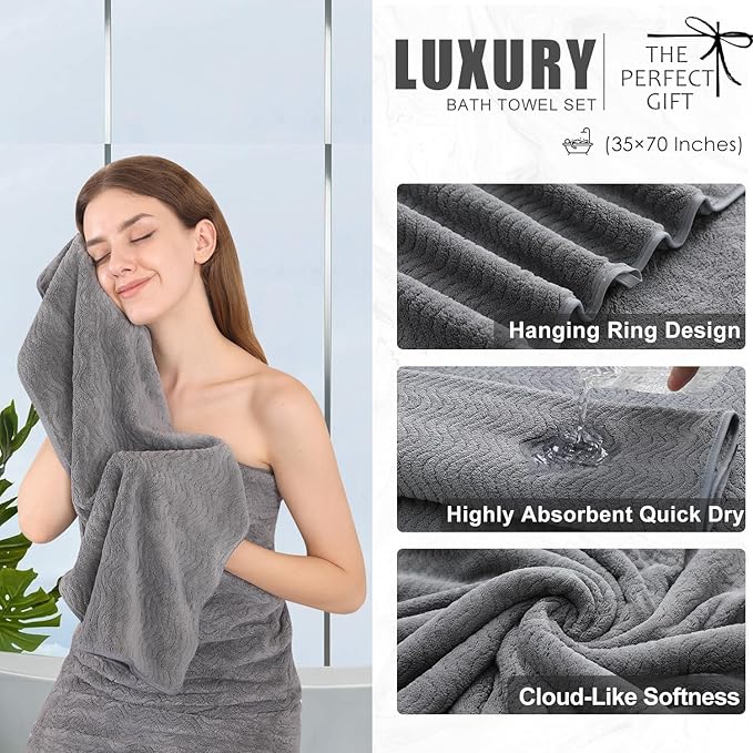 8 Piece Bath Towel Set Grey — 2 Oversized Large Bath Sheet,2 Hand Towels,4 Washcloths — Ultra Soft Cozy Bath Towel Set for Bathroom Hotel Gym Spa,Highly Absorbent & Quick Dry Bathroom Towel Collections