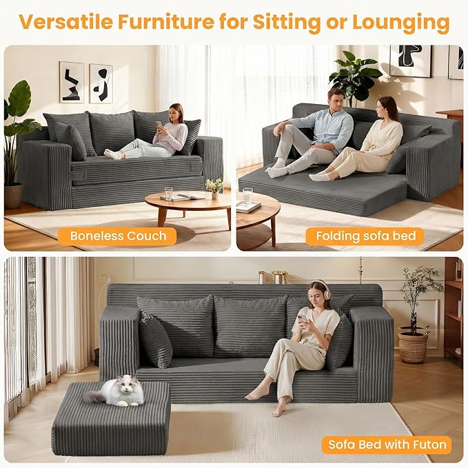 Oversized Boneless Loveseat, 3 Seater Pull Out Convertible Sofa Bed, 70" Gray Boneless Couch Fold Out Floor Couch Sleeper Sofa with 5 Pillows for Living Room Bedroom Lounge Small Space