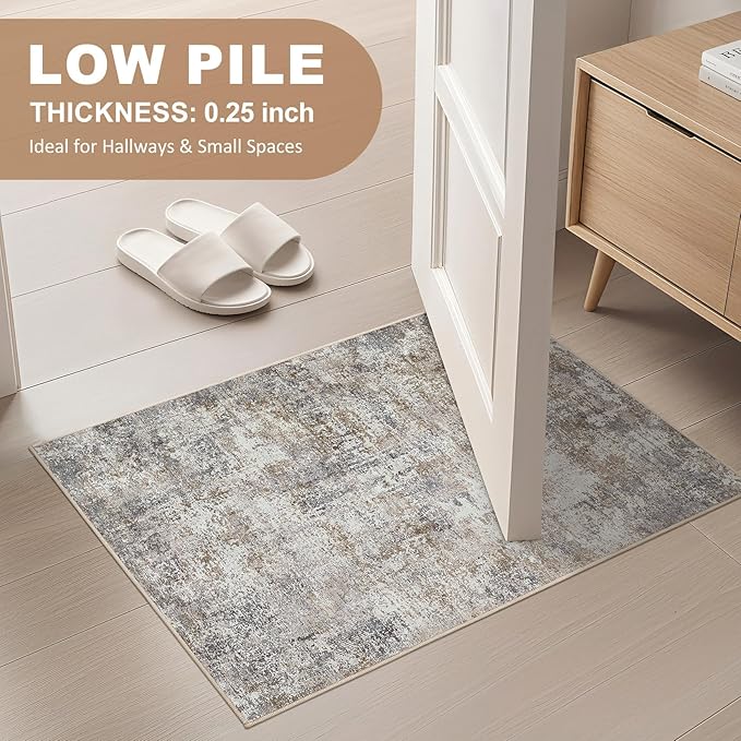 Area Rug Living Room Rugs - 2x3 Washable Soft Neutral Modern Abstract Low Pile Rug Carpet for Bedroom Dining Room Farmhouse Home Office - Brown/Grey/Black