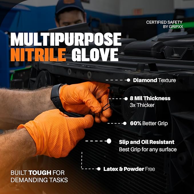 Herkules Grip Heavy Duty 8Mil Orange Nitrile Gloves,3D Raised Diamond Texture-Latex & Powder Free-Industrial, Mechanic (2, X-Large)