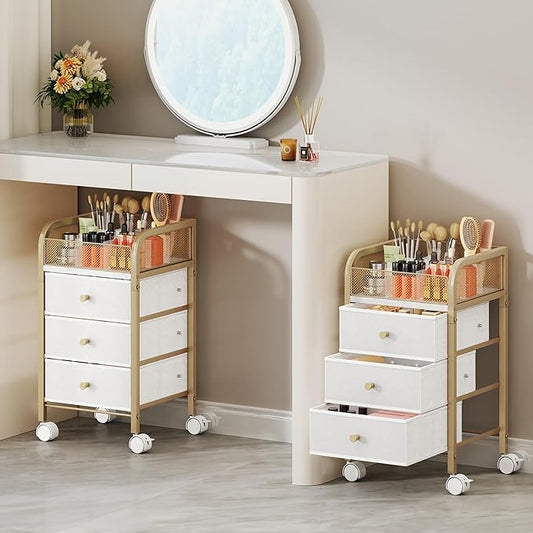 SWTYMIKI Rolling Makeup Organizer Cart - Floor Skincare Make Up Storage with 3 Non-woven Drawers, Vanity Organizer Cosmetic Display Cases Cabinet for Skin Care Perfume Nail Polish Brush Hair Tool