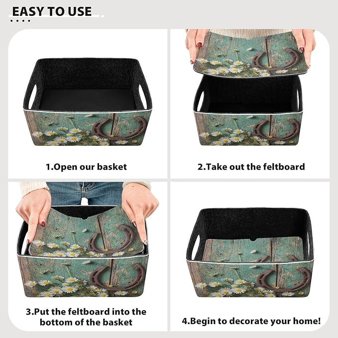 Kcldeci Rustic Rusty Horseshoe and Daisies on Old Wooden Storage Bins Baskets for Organizing, Sturdy Foldable Storage Baskets for Shelves Closet Nursery Toy