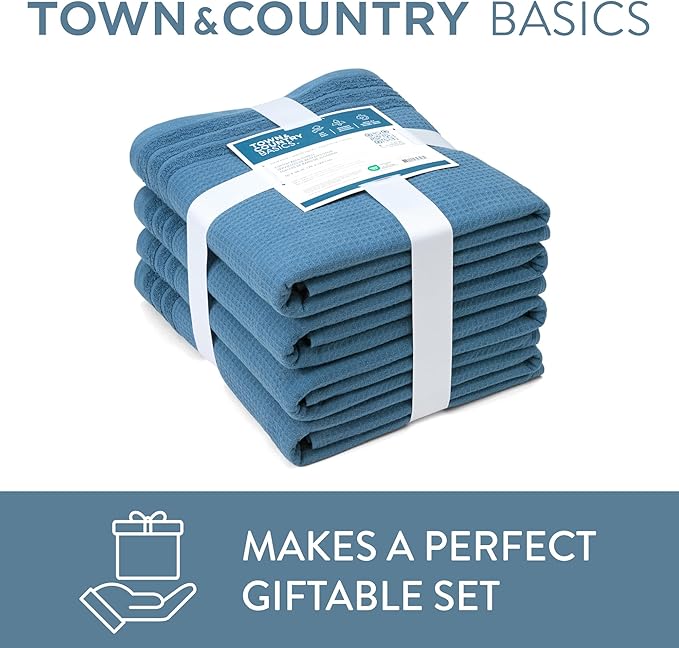 Town & Country Basics 6-Piece Assorted Waffle Woven Terry Stripe Set, 2-Bath Towels, 2-Hand Towels, 2-Washcloths, 100% Cotton, Quick Dry, Blue