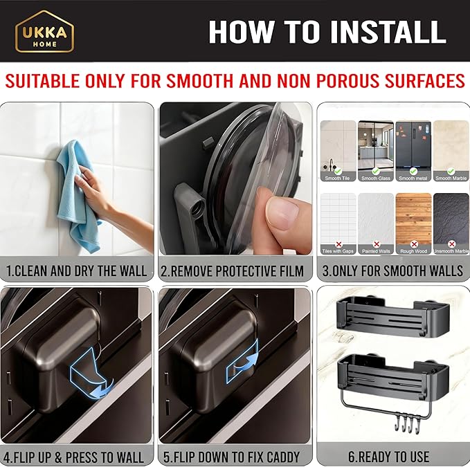 Suction Cup Square Shower Caddy with Hooks and Towel Bar for Bathroom. Aluminum, Reusable, Rustproof, No Drill, No Tools, No Glue. Multifunctional, Hang Towel, Loofah, Sponge (2 Pack, Gray)