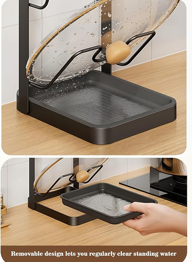 Pot Lid Holder & Spoon Rest, 2026 Upgraded Multifunctional Kitchen Organizer Rack with Removable Drip Tray, Space-Saving Countertop Stove Top Storage for Pots Pans (Gray-02)