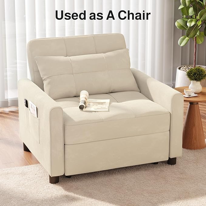 Ahomly Convertible Sofa Bed, 3-in-1 Multi-Functional Sleeper Chair Bed, Adjustable Backrest Recliner with Modern Linen Fabric for Living Room Bedroom Apartment Small Space, Beige