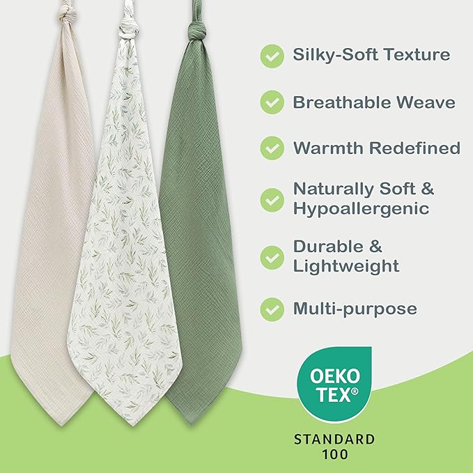 Organic Cotton Muslin Baby Blanket - 47x47 Inch Breathable Swaddle, Hypoallergenic Double-Layer, Versatile Use (Green/Ivory/Floral, 38x40 Inch)