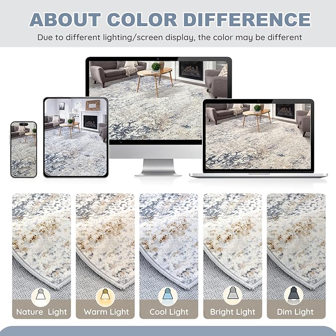 Area Rug Living Room Rugs - 9x12 Abstract Large Soft Indoor Washable Rug Neutral Modern Low Pile Carpet for Bedroom Dining Room Farmhouse Home Office - Beige Blue