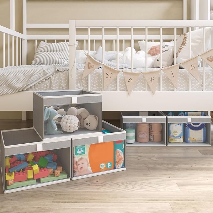 Linen Closet Organizers and Storage, Closet Storage Bins Basket Organizer, Foldable Organization Baskets with Mesh Window for Clothes Towels and Toys, 14.5" x 14.5" x 10.25", Gray, 2 pack