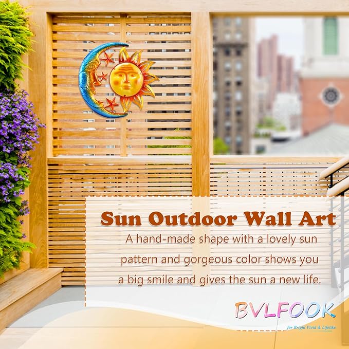 Large 19 Inch Metal Sun Moon Star Wall Art Decor, Bright Color Inspirational Celestial Decor, Resistant to Rust Metal Sculpture Hanging for Indoor Outdoor Home Living Room Office Yard Garden