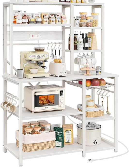 SUPERJARE Large Bakers Rack with Power Outlets, 6-Tier Microwave Stand, Coffee Bar with 12 S-Shaped Hooks, Kitchen Shelf with Wire Basket, 39.4 x 14.6X 66.9 Inches, White