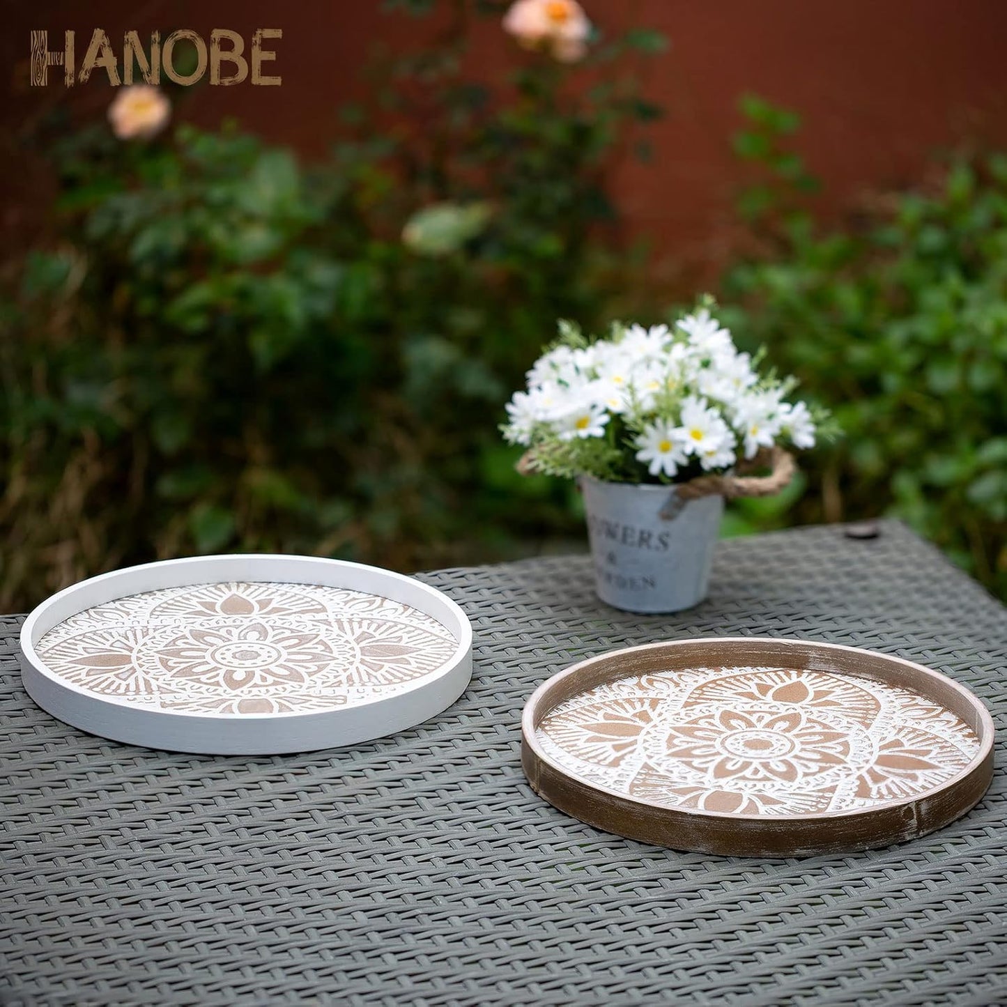Round Boho Wood Tray Set — Farmhouse Centerpiece, Set of 2