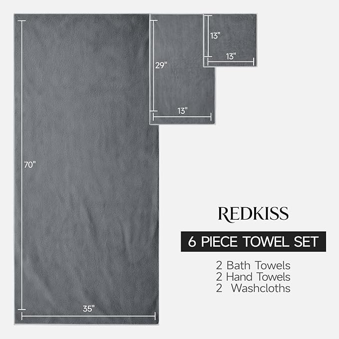 REDKISS 6 Piece Towel Set - 2 Bath Sheets, 2 Hand Towels, 2 Washcloths, 670GSM Ultra Soft & Highly Absorbent, Quick Dry, Luxury Grey Bath Towel Sets for Bathroom, Spa, Hotel, Gym