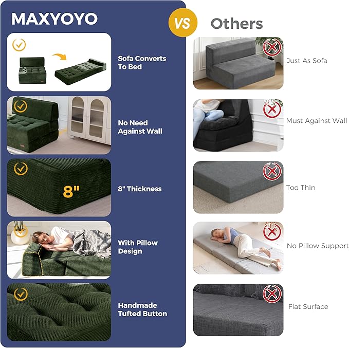 MAXYOYO 8" Folding Sofa Bed, Convertible Sleeper Sofa Lounger Foldable Mattress, Wedge Shape Floor Couch Tufted Fold Out Chair Bed Comfy Floor Couch Lounge for Living Room Bedroom, Single, Dark Green