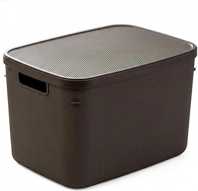 BINO | Plastic Storage Bins with Lids, 20 Liter - 3 Pack, Dark Brown | THE TWILL COLLECTION | Plastic Bins for Organization | Woven Storage Baskets for Organizing | Pantry Shelf Organizer Basket Bin