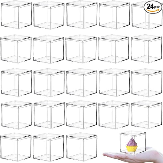KissYou Clear Box Acrylic Square Cube, 24 Pack Small Plastic Storage Containers with Lid Jewelry Box Easter Candy Pill and Tiny Jewelry Boxes