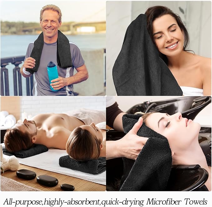24 Pack Bleach Proof Towels Microfiber Absorbent Resistant Hair Hand Towels Bulk Quick Dry for Barber Gym Bath Spa Shaving (Black,16 x 29 Inch)