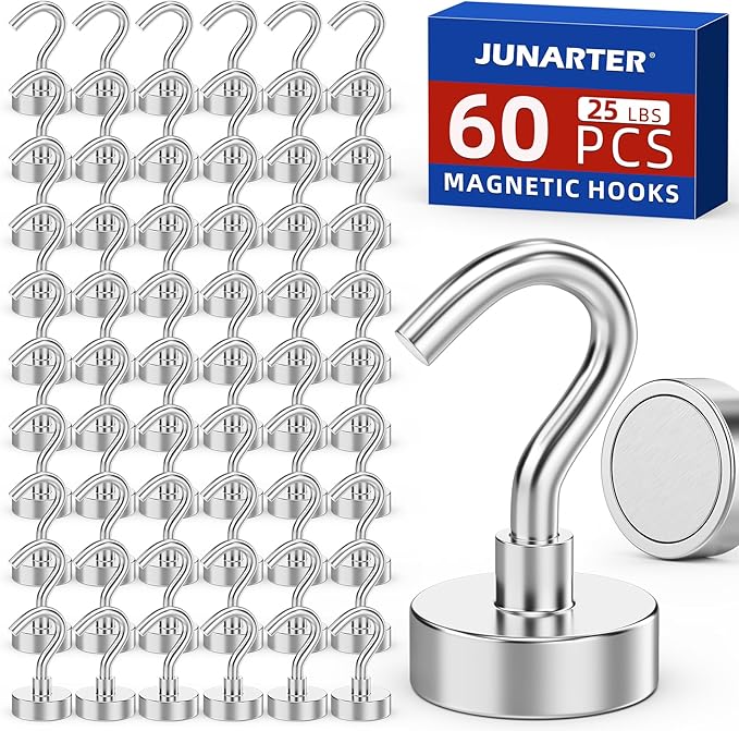 Magnetic Hooks,60 Pack Magnetic Hooks for Cruise Cabins, 25lbs Magnet Hooks, Strong Magnetic Hook Heavy Duty, Magnets with Hooks, Metal Magnetic Hook for Hanging, Refrigerator, Grill