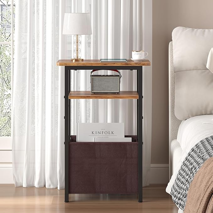 Narrow Side Table Set of 2, Skinny End Tables with Fabric Basket, Small Side Tables for Small Space,2-Tier Open Shelves with Basket, Slim Nightstands Set 2 for Bedroom,Livinroom, Rustic Brown