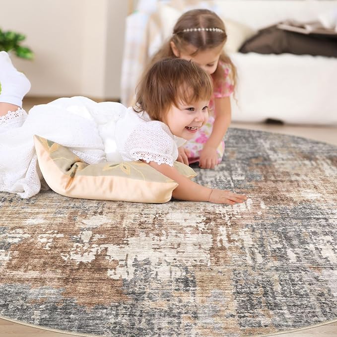 10ft Round Area Rug Living Room Rugs - 10x10 Washable Circle Rug Large Soft Indoor Neutral Modern Abstract Low Pile Carpet for Bedroom Dining Room Farmhouse Home Office - Grey Brown