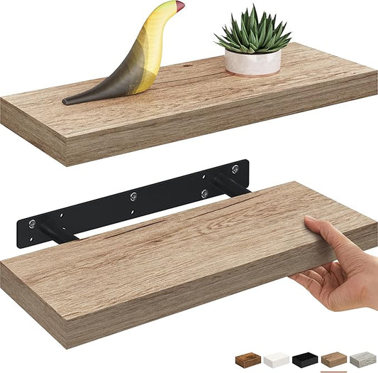 Ballucci Floating Shelves, 16" Wood Wall Shelf Set of 2, Invisible Brackets Floating Shelf Bathroom Wall Decor, Living Room, Bedroom, Kitchen, Nursery, 6" Deep, Natural Oak