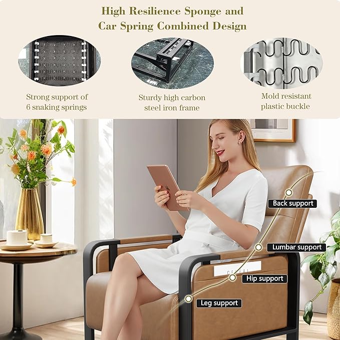 Modern Brown Accent Chair PU Leather Upholstered Armchair with Tray Table for Bedroom Living Room Chairs Office Chair