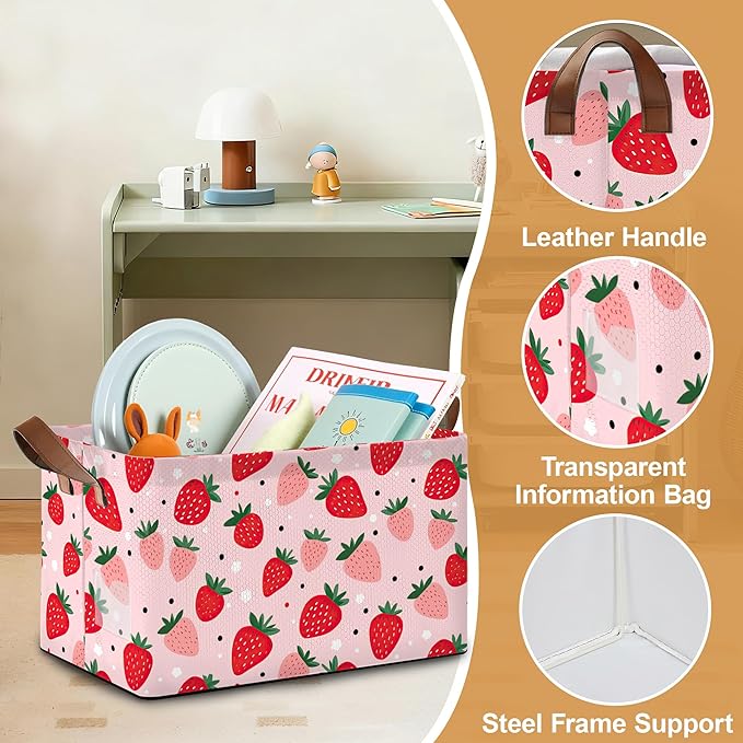 Storage Bin with Handles, Cute Strawberry Collapsible Laundry Baskets for Books, Laundry - Use in Nursery, Closet Organizers and Storage, Blanket Basket