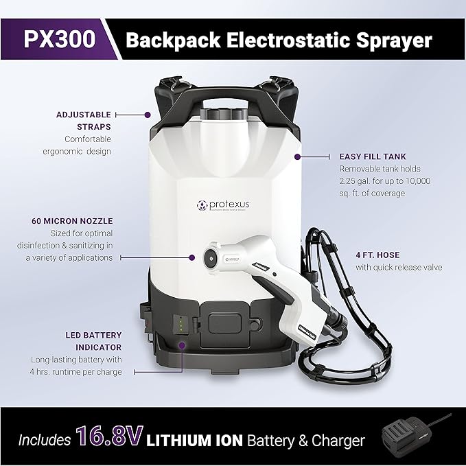 Protexus PX300 Backpack Electrostatic Sprayer Cordless Coverage, 4hr Rechargeable 16.8V Battery - 4 Ft Hose, 2.25 Gallon Tank, 60-Micron Nozzle