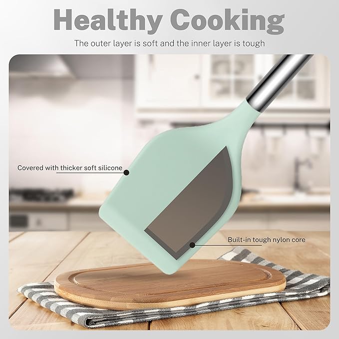 QMVESS Silicone Cooking Utensils Set, 28 Pcs Non-Stick Kitchen Utensils Set with Holder, 446°F Heat Resistant Spatula, Tongs, Spoons Set with Stainless Steel Handle Kitchen Gadgets (Light Green)