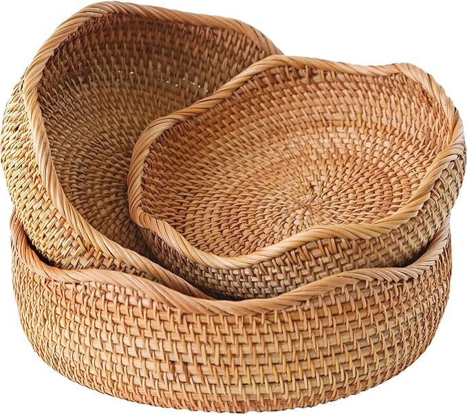 Rattan Bread Baskets Set of 3, Round Woven Serving Basket Bowls, Natural Wicker Storage Basket Key Holders Stackable for Kitchen Counter Organizing, Decorative Baskets for Snack, Fruit, Vegetable