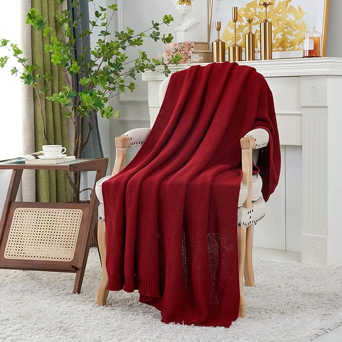 Longhui bedding Burgundy Cotton Cable Knit Throw Blanket for Couch Sofa Chair Bed Home Decorative, 2.5 Pounds 50 x 60 Inch Woven Throw Blankets with Bonus Laundering Bag