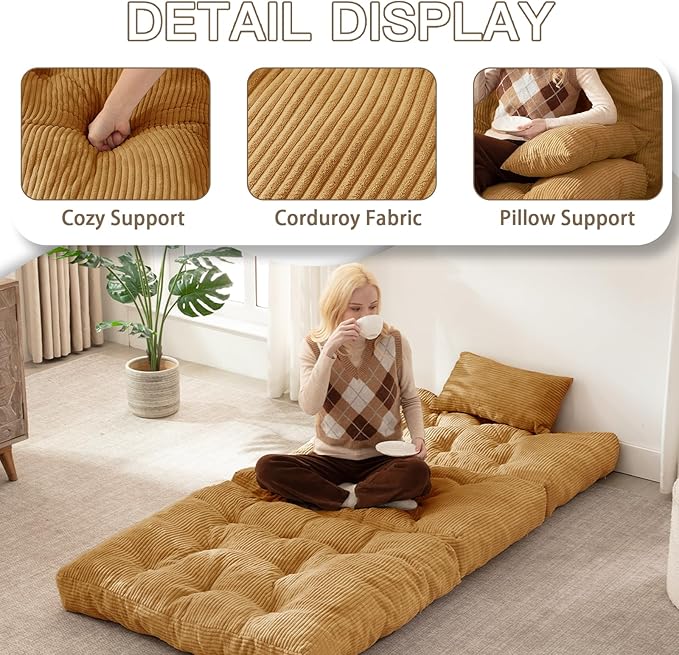 Folding Sofa Bed, Convertible Sleeper Chair with Pillow Foldable Mattress with Back Support, Portable Fold Out Chair Bed Comfy Floor Sofa Lounge for Living Room Bedroom, Yellow Twin 80x39 Inch