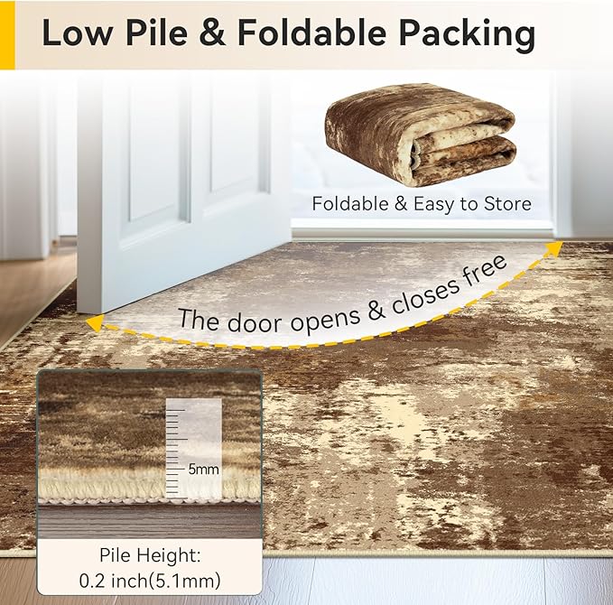 Washable Area Rugs 10'x14 Non-Slip Modern Abstract Soft for Living Room Entryway Bedroom Nursery, Print Pattern, Brown Tan Beige Coffee