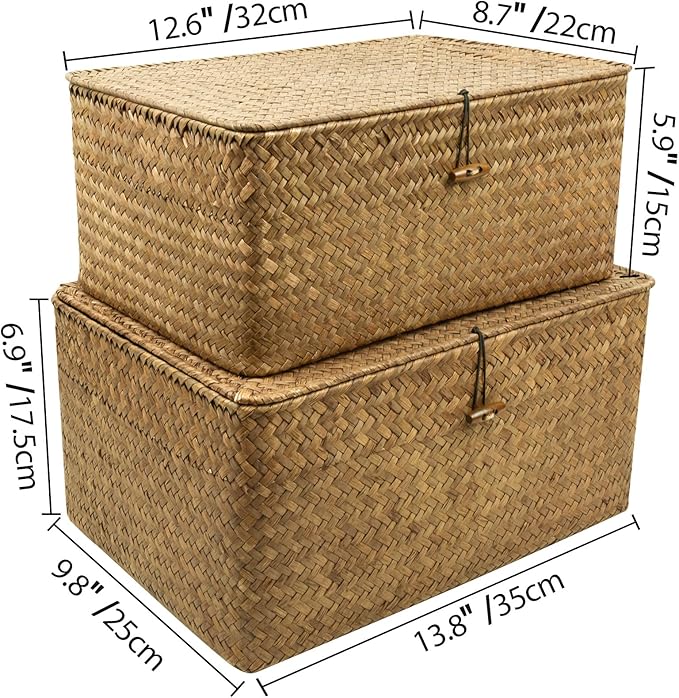 2-Pack Wicker Storage Baskets with Lid, Coffee Large & X-Large Rectangular Sea Grass Baskets