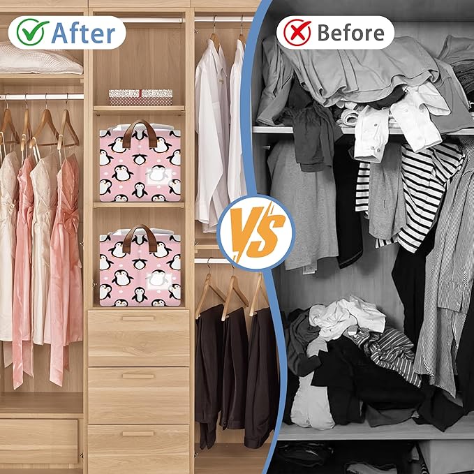 Cute Penguin Collapsible Storage Box,Organizer Bin with Handles for Room Decoration,Bins Book Basket Box 17x11.5x10Inch