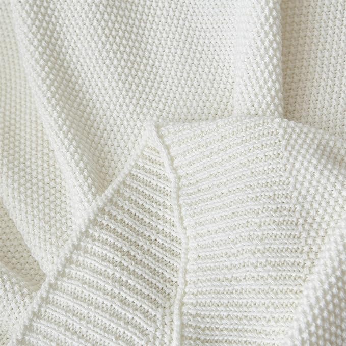 Longhui bedding Ivory White Cotton Cable Knit Throw Blanket for Couch Sofa Chair Bed Home Decorative, 60 x 80 Inch Woven Throw Blankets with a Washing Bag Silk Bow Tie Package