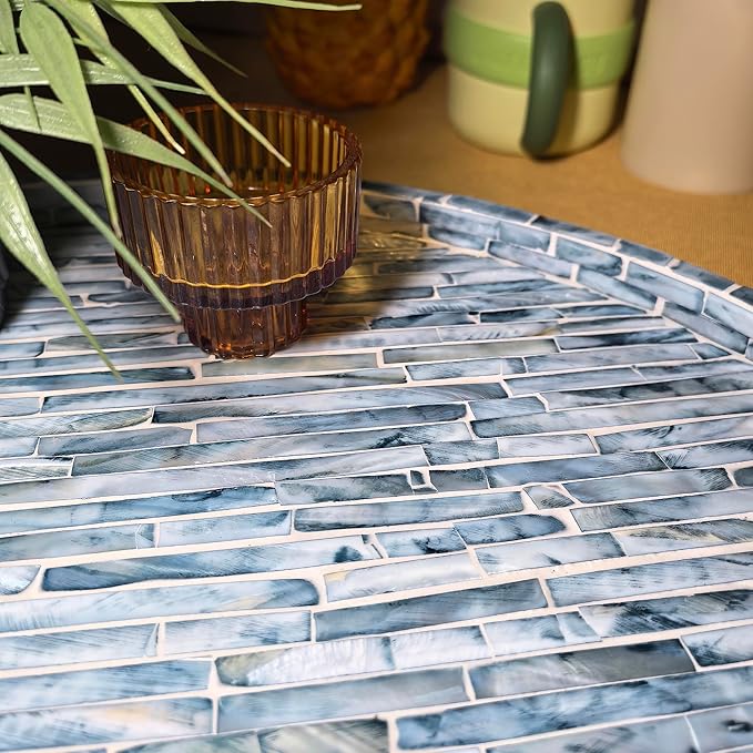i-lan 17-inch Mother of Pearl Lazy Susan – Blue Brick Pattern Rotating Turntable with Smooth Spin, Large Decorative Tray for Dining Table, Kitchen Cabinet, Countertop & Holiday Gifting
