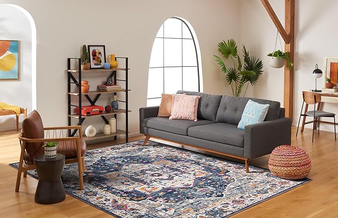 SAFAVIEH Evoke Collection 8' x 10' Navy / Grey EVK275N Oriental Medallion Distressed Non-Shedding Living Room Bedroom Dining Home Office Area Rug