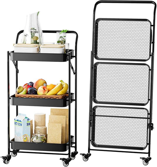 JAQ No Assembly Foldable Rolling Cart, 3 Tier Black Metal Folding Utility Cart with Handle, Heavy Duty Mobile Storage Organizer on Wheels for Office, Garage, Tools & Kitchen (Black)