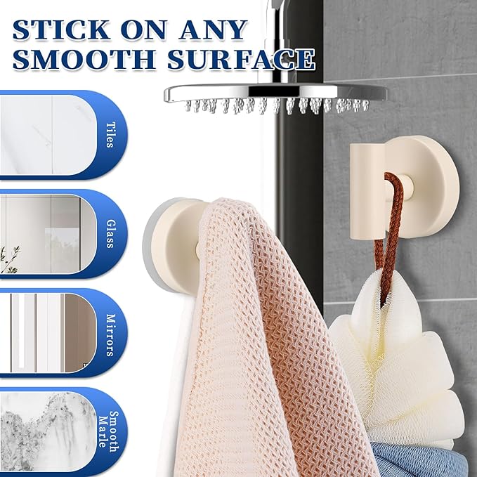 Heavy Duty Reusable Suction Cup Hooks for Shower - No Drill Bathroom/Glass/Mirror/Tiles & Metal Surfaces,and Smooth Non-Porous Surfaces for Towels, Robes, Loofahs (4, Milk White)