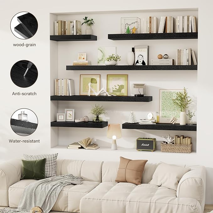 36 Inch Floating Shelves, 12" Deep Floating Shelf Wall Mounted, 36" Wall Shelves, Rustic Deep Bookshelf, Extra Deeper & Thicker Display Shelves for Bedroom, Living Room, Black, Set of 2
