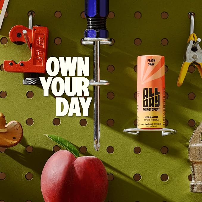 ALLDAY Focus + Energy Spray — Natural Caffeine + L-Theanine + Essential Vitamins — 0 Calorie, 0 Sugar — 12 Spray Bottle — Faster, Cleaner, Smoother Energy* (4 Pack Peach)