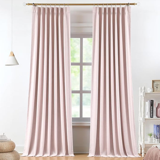 Vision Home Soft Pink Pinch Pleated Full Blackout Curtains Linen Blended Room Darkening Curtain Panels 102 inch for Living Room Bedroom Thermal Insulated Pinch Pleat Drapes with Hooks 40" Wx102 Lx2